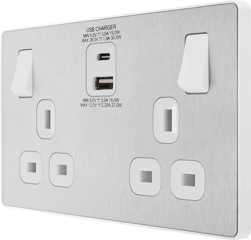 BG Evolve PCDBS22UAC30W 13A Double Switched Power Socket   USB C 30W   USB A(3.1A) - Brushed Steel (White)