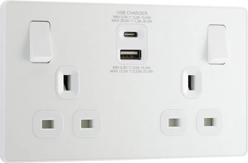 BG Evolve PCDCL22UAC30W 13A Double Switched Power Socket   USB C 30W   USB A(3.1A) - Pearlescent White (White)