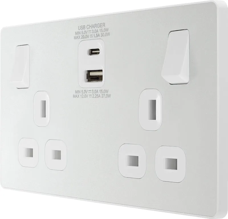 BG Evolve PCDCL22UAC30W 13A Double Switched Power Socket   USB C 30W   USB A(3.1A) - Pearlescent White (White)