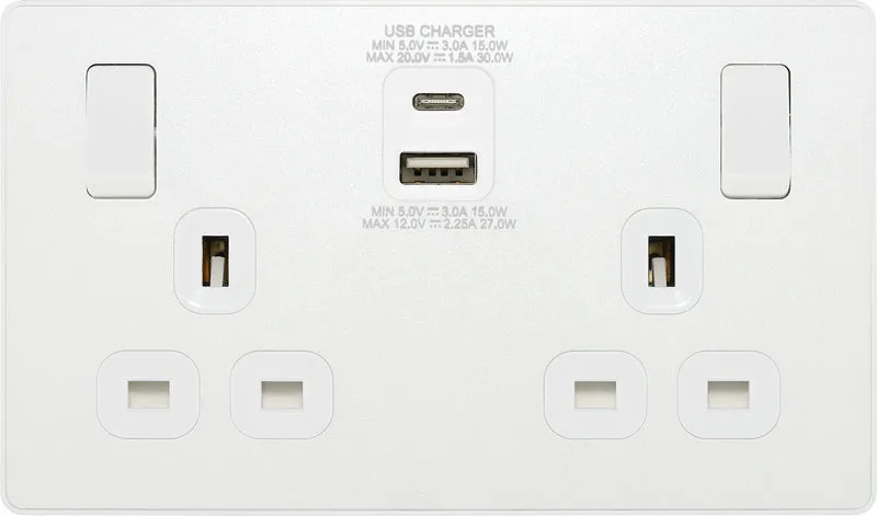 BG Evolve PCDCL22UAC30W 13A Double Switched Power Socket   USB C 30W   USB A(3.1A) - Pearlescent White (White)
