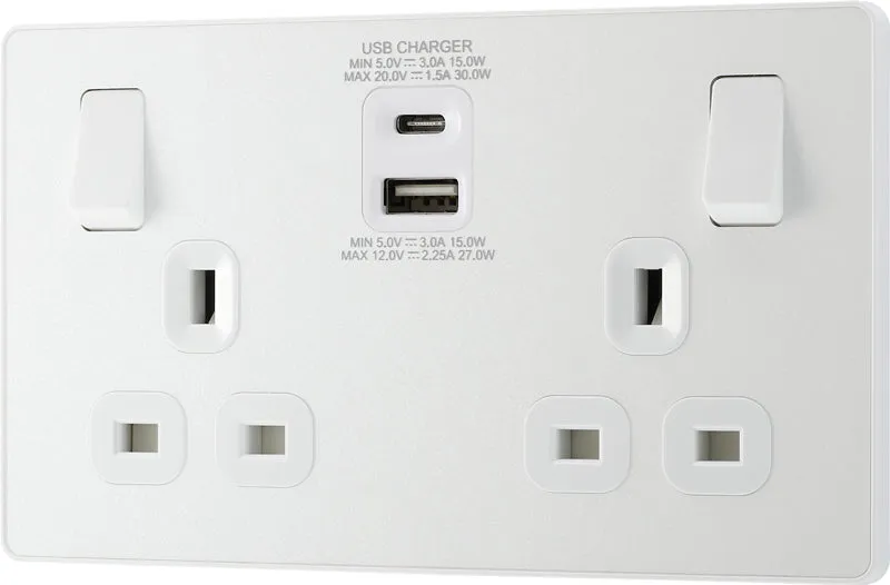 BG Evolve PCDCL22UAC30W 13A Double Switched Power Socket   USB C 30W   USB A(3.1A) - Pearlescent White (White)