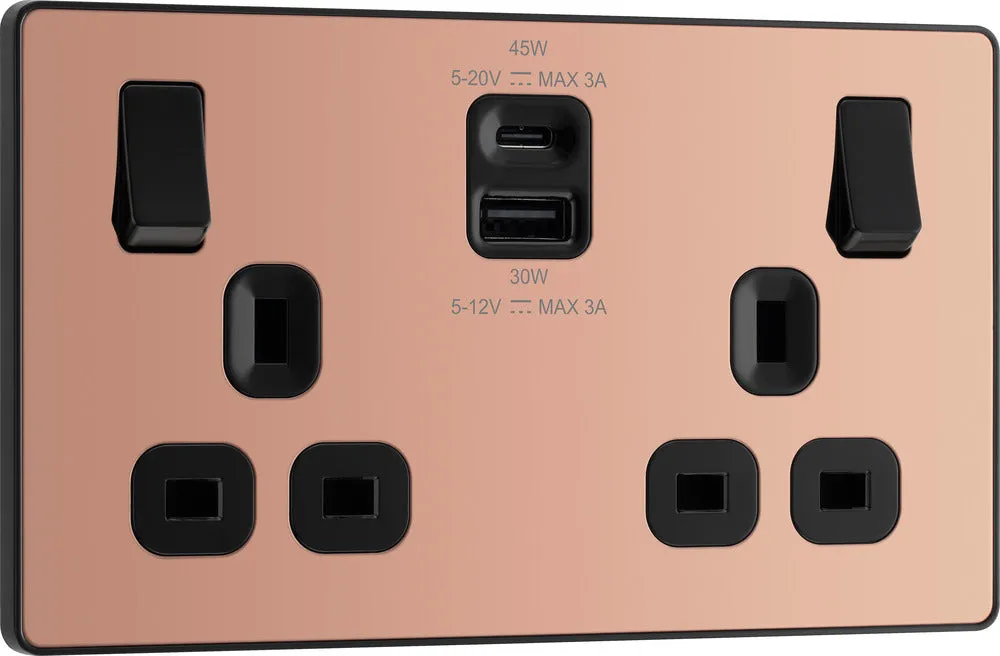 BG Evolve PCDCP22UAC45B 13A Double Switched Power Socket   USB A C (45W) - Polished Copper (Black)