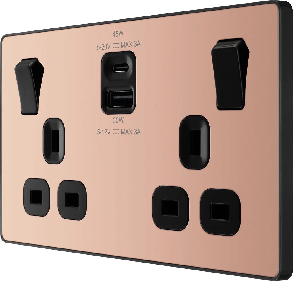 BG Evolve PCDCP22UAC45B 13A Double Switched Power Socket   USB A C (45W) - Polished Copper (Black)