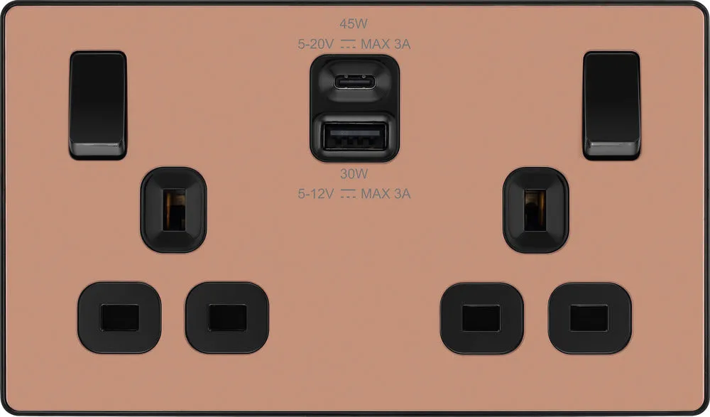 BG Evolve PCDCP22UAC45B 13A Double Switched Power Socket   USB A C (45W) - Polished Copper (Black)