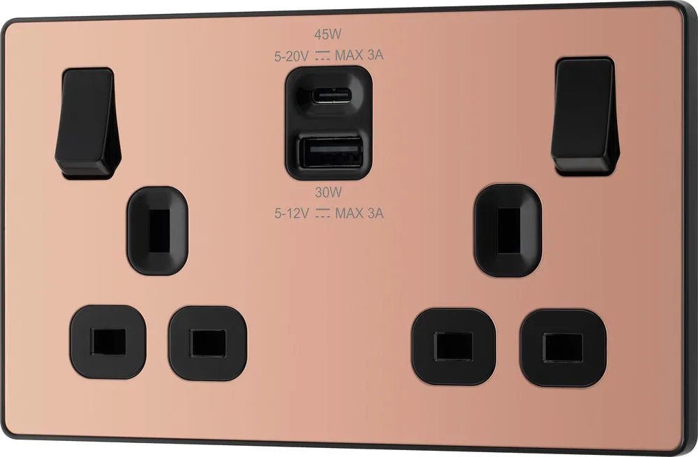 BG Evolve PCDCP22UAC45B 13A Double Switched Power Socket   USB A C (45W) - Polished Copper (Black)