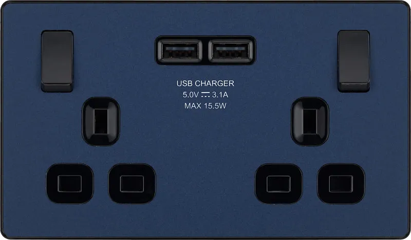 BG Evolve PCDDB22U3B 13A Double Switched Power Socket   2xUSB(3.1A) - Matt Blue (Black)