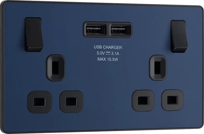 BG Evolve PCDDB22U3B 13A Double Switched Power Socket   2xUSB(3.1A) - Matt Blue (Black)