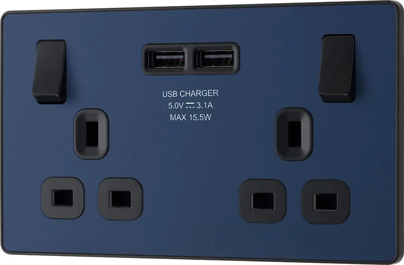 BG Evolve PCDDB22U3B 13A Double Switched Power Socket   2xUSB(3.1A) - Matt Blue (Black)