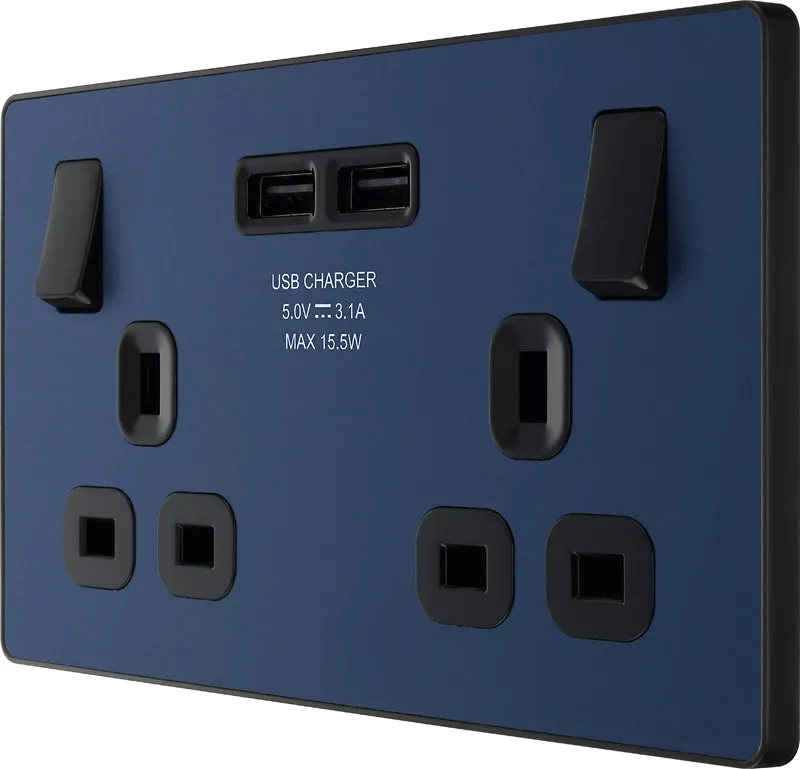BG Evolve PCDDB22U3B 13A Double Switched Power Socket   2xUSB(3.1A) - Matt Blue (Black)