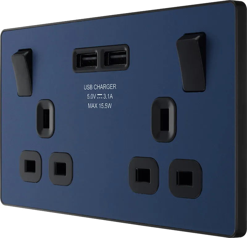 BG Evolve PCDDB22U3B 13A Double Switched Power Socket   2xUSB(3.1A) - Matt Blue (Black)