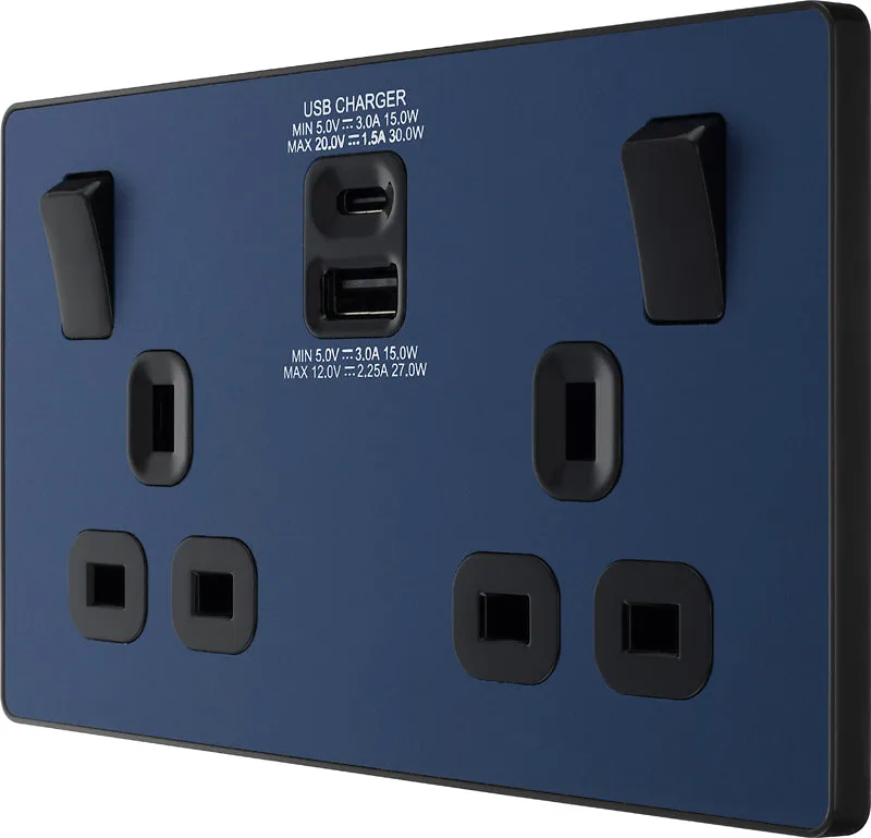 BG Evolve PCDDB22UAC30B 13A Double Switched Power Socket   USB C 30W   USB A(3.1A) - Matt Blue (Black)