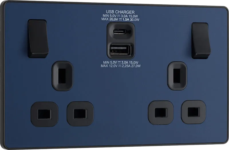 BG Evolve PCDDB22UAC30B 13A Double Switched Power Socket   USB C 30W   USB A(3.1A) - Matt Blue (Black)