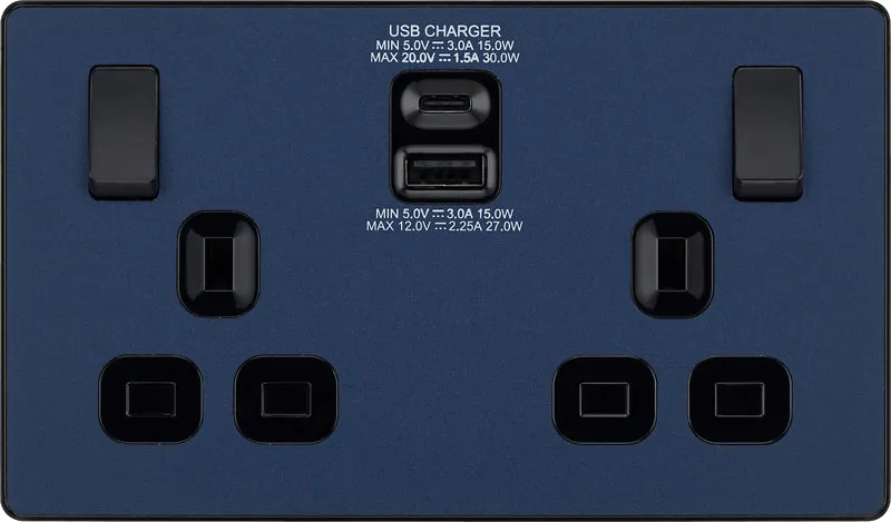 BG Evolve PCDDB22UAC30B 13A Double Switched Power Socket   USB C 30W   USB A(3.1A) - Matt Blue (Black)