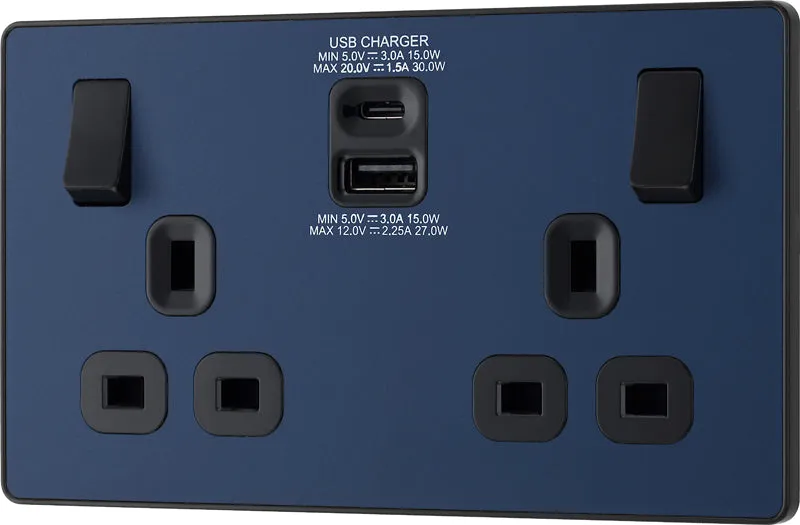 BG Evolve PCDDB22UAC30B 13A Double Switched Power Socket   USB C 30W   USB A(3.1A) - Matt Blue (Black)