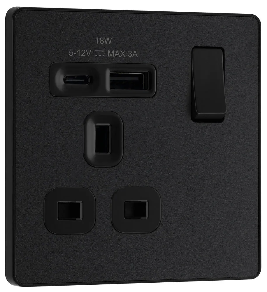 BG Evolve PCDMB21UAC18B 13A Single Switched Power Socket   USB A C (18W) - Matt Black (Black)