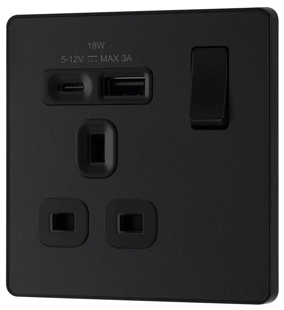 BG Evolve PCDMB21UAC18B 13A Single Switched Power Socket   USB A C (18W) - Matt Black (Black)