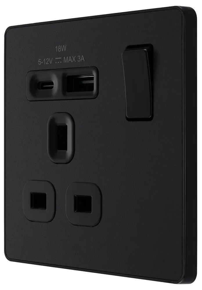 BG Evolve PCDMB21UAC18B 13A Single Switched Power Socket   USB A C (18W) - Matt Black (Black)