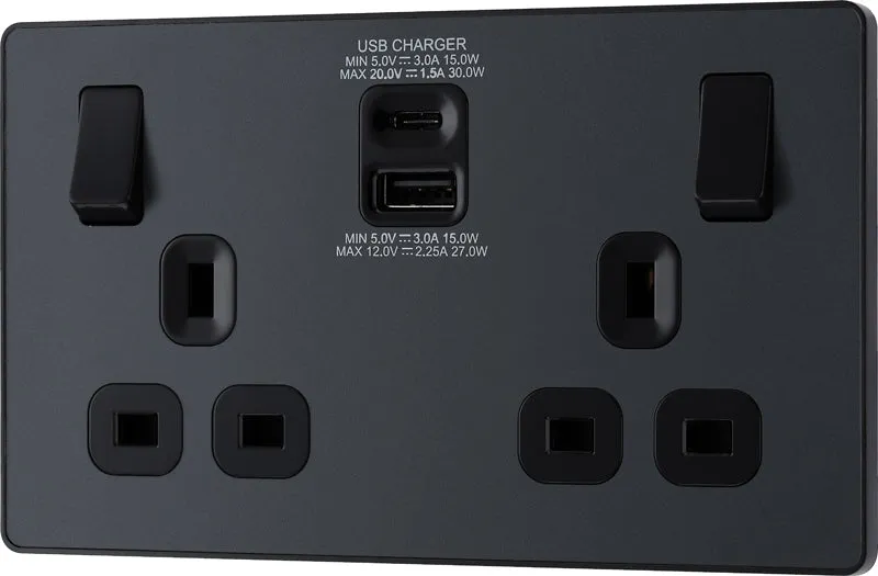 BG Evolve PCDMG22UAC30B 13A Double Switched Power Socket   USB C 30W   USB A(3.1A) - Matt Grey (Black)