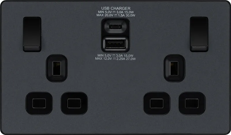 BG Evolve PCDMG22UAC30B 13A Double Switched Power Socket   USB C 30W   USB A(3.1A) - Matt Grey (Black)