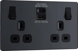 BG Evolve PCDMG22UAC30B 13A Double Switched Power Socket   USB C 30W   USB A(3.1A) - Matt Grey (Black)