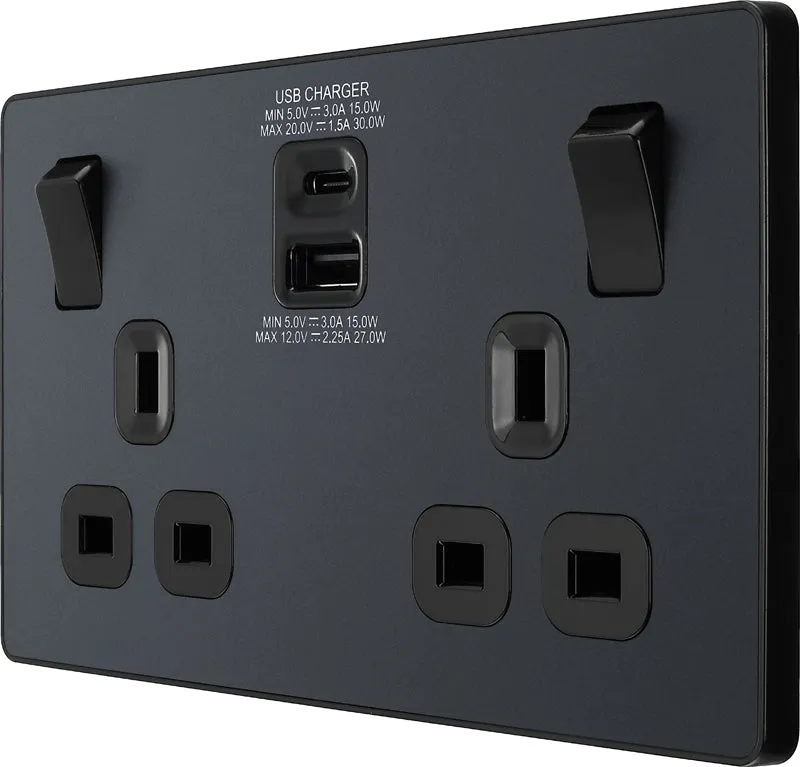 BG Evolve PCDMG22UAC30B 13A Double Switched Power Socket   USB C 30W   USB A(3.1A) - Matt Grey (Black)