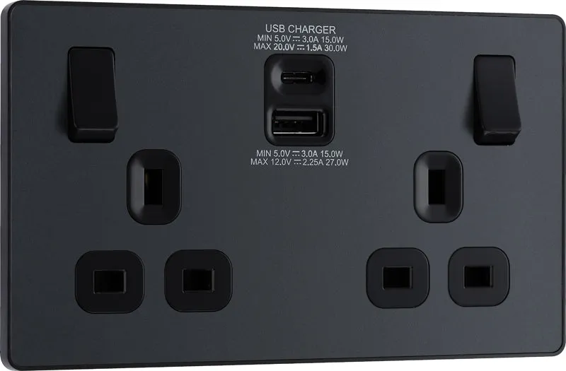 BG Evolve PCDMG22UAC30B 13A Double Switched Power Socket   USB C 30W   USB A(3.1A) - Matt Grey (Black)