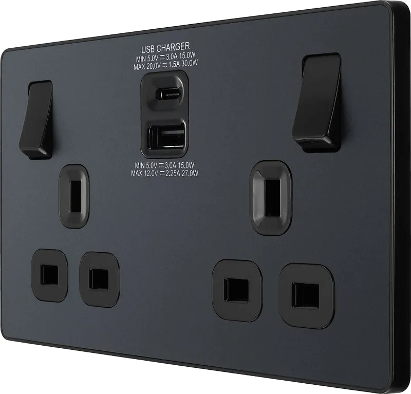 BG Evolve PCDMG22UAC30B 13A Double Switched Power Socket   USB C 30W   USB A(3.1A) - Matt Grey (Black)