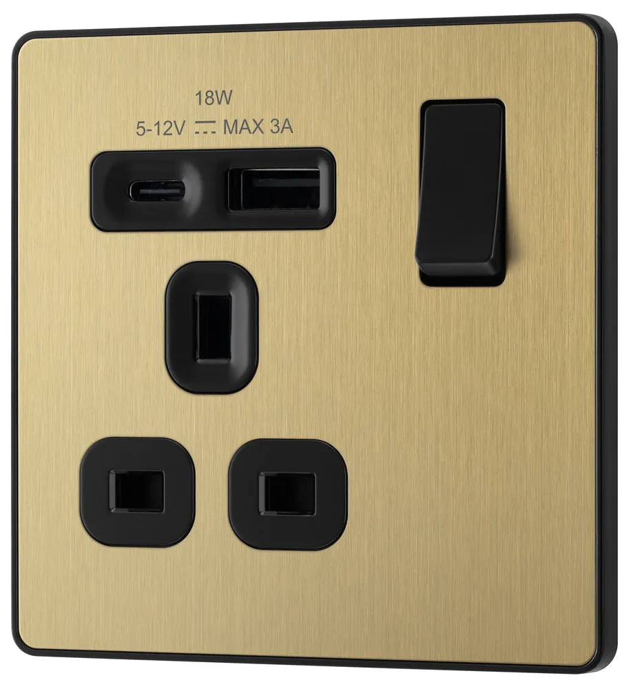 BG Evolve PCDSB21UAC18B 13A Single Switched Power Socket   USB A C (18W) - Satin Brass (Black)