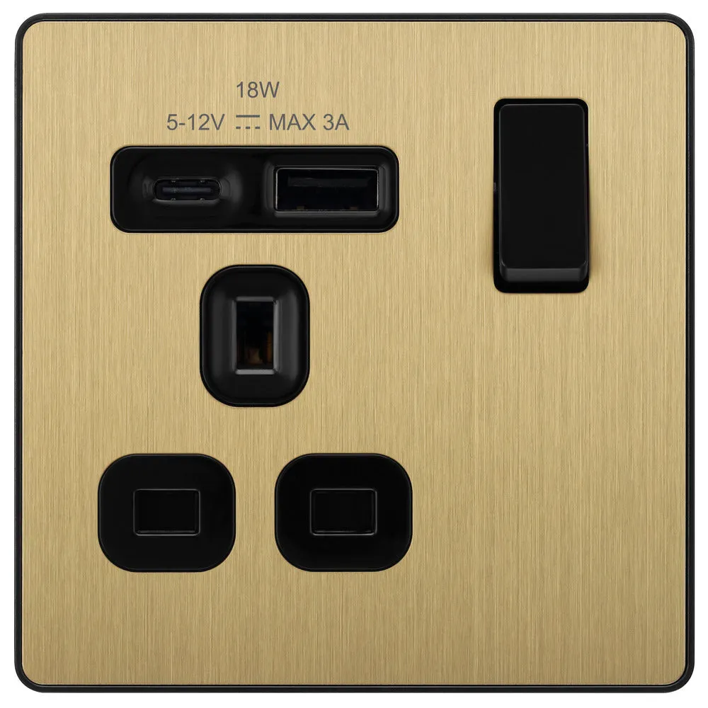 BG Evolve PCDSB21UAC18B 13A Single Switched Power Socket   USB A C (18W) - Satin Brass (Black)