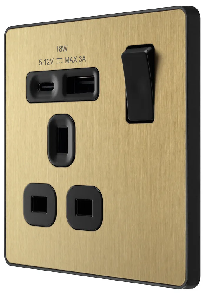 BG Evolve PCDSB21UAC18B 13A Single Switched Power Socket   USB A C (18W) - Satin Brass (Black)
