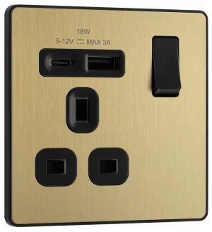BG Evolve PCDSB21UAC18B 13A Single Switched Power Socket   USB A C (18W) - Satin Brass (Black)
