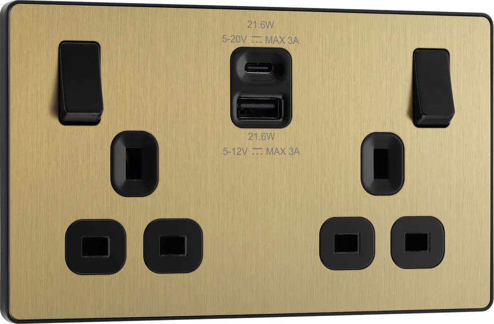 BG Evolve PCDSB22UAC22B 13A Double Switched Power Socket   USB A C (22W) - Satin Brass (Black)