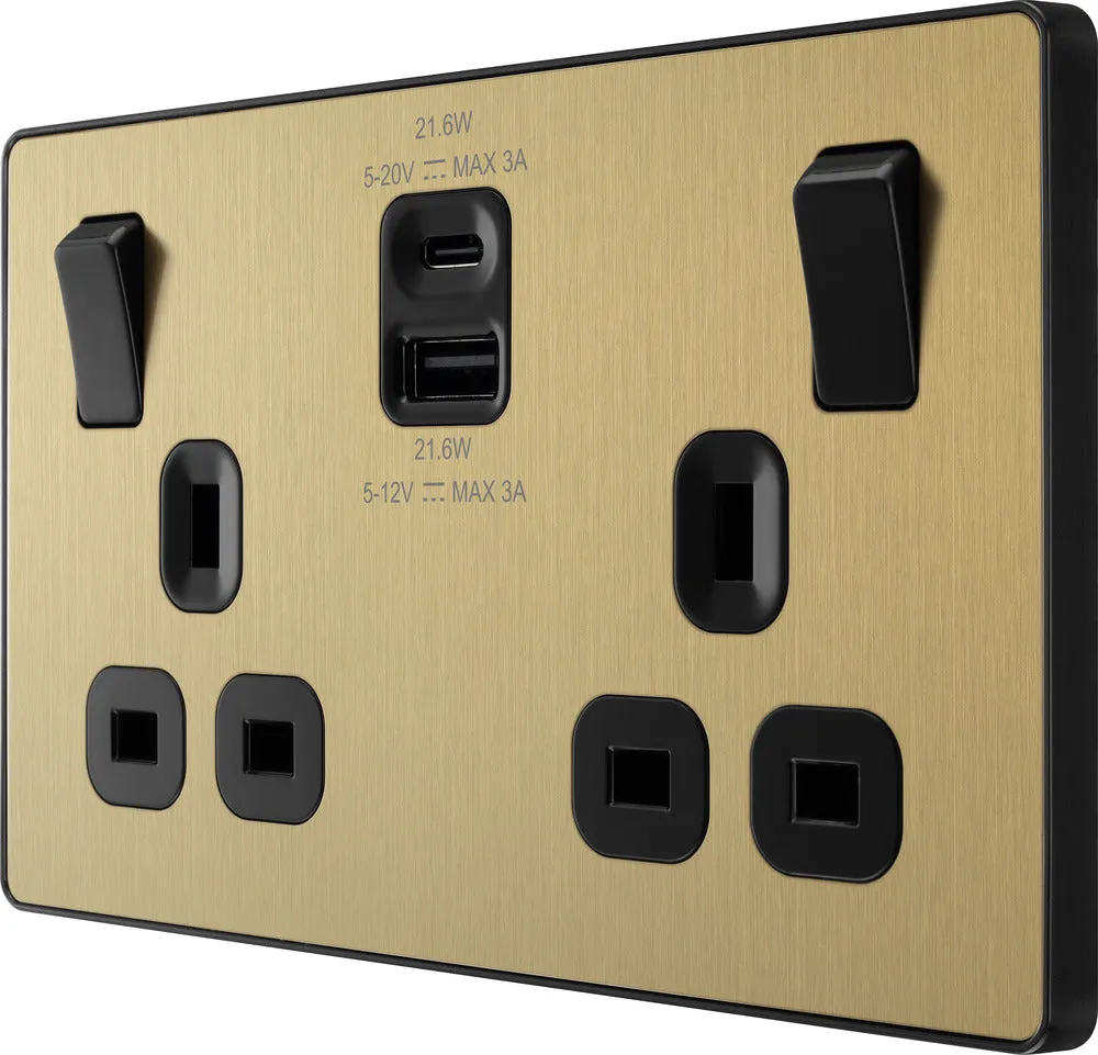 BG Evolve PCDSB22UAC22B 13A Double Switched Power Socket   USB A C (22W) - Satin Brass (Black)