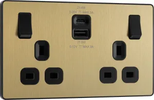 BG Evolve PCDSB22UAC22B 13A Double Switched Power Socket   USB A C (22W) - Satin Brass (Black)