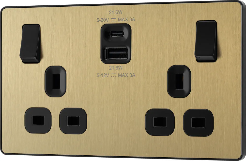 BG Evolve PCDSB22UAC22B 13A Double Switched Power Socket   USB A C (22W) - Satin Brass (Black)