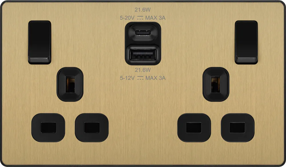 BG Evolve PCDSB22UAC22B 13A Double Switched Power Socket   USB A C (22W) - Satin Brass (Black)