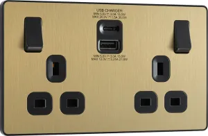 BG Evolve PCDSB22UAC30B 13A Double Switched Power Socket   USB C 30W   USB A(3.1A) - Satin Brass (Black)