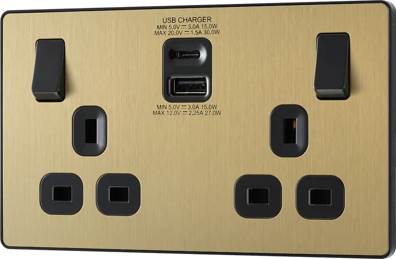 BG Evolve PCDSB22UAC30B 13A Double Switched Power Socket   USB C 30W   USB A(3.1A) - Satin Brass (Black)