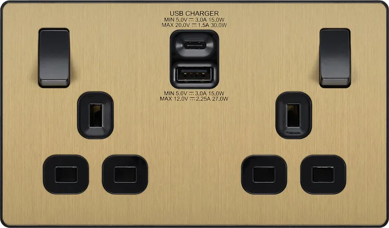BG Evolve PCDSB22UAC30B 13A Double Switched Power Socket   USB C 30W   USB A(3.1A) - Satin Brass (Black)