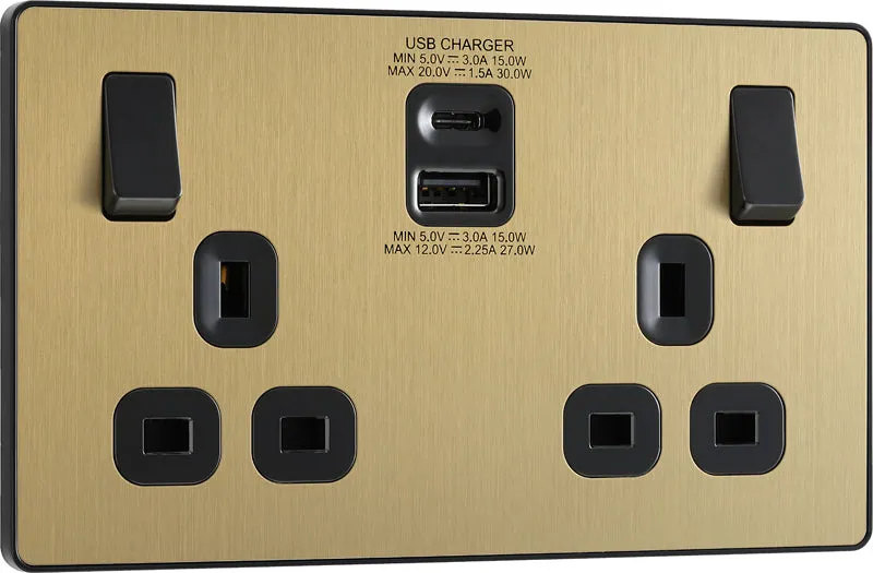 BG Evolve PCDSB22UAC30B 13A Double Switched Power Socket   USB C 30W   USB A(3.1A) - Satin Brass (Black)