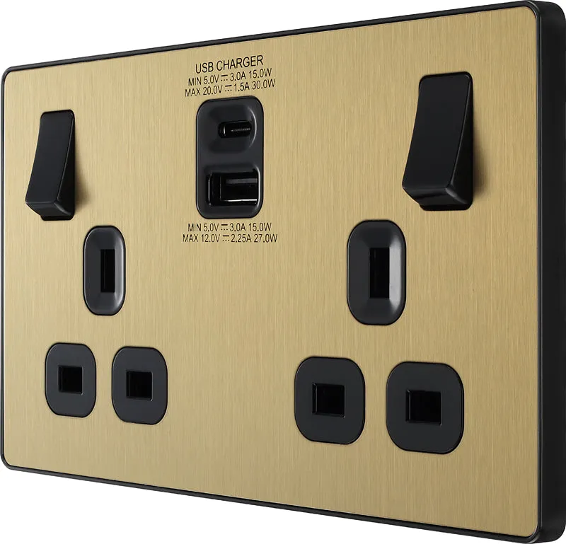 BG Evolve PCDSB22UAC30B 13A Double Switched Power Socket   USB C 30W   USB A(3.1A) - Satin Brass (Black)