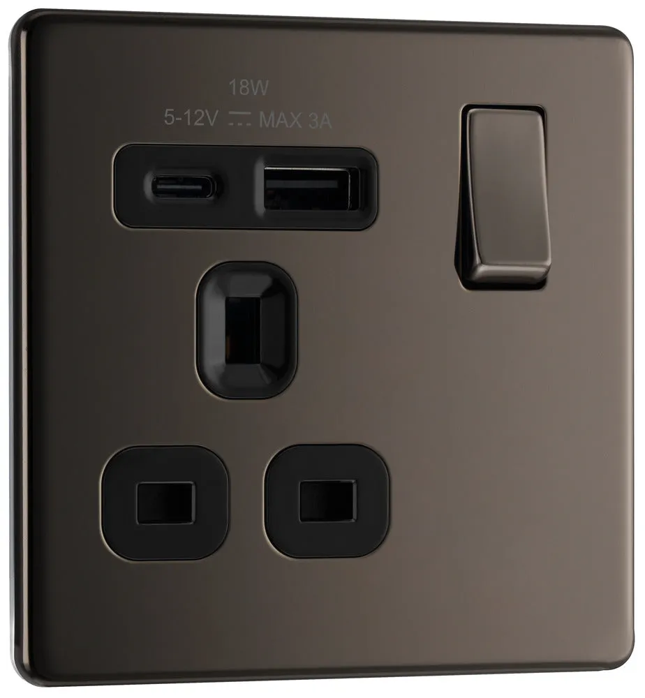 BG FBN21UAC18B Flatplate Screwless 13A Single Switched Power Socket   USB A C (18W) - Black Nickel   Black Insert