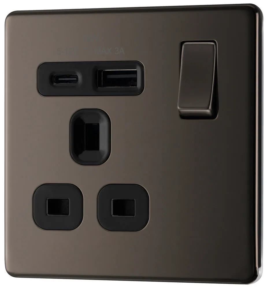 BG FBN21UAC18B Flatplate Screwless 13A Single Switched Power Socket   USB A C (18W) - Black Nickel   Black Insert