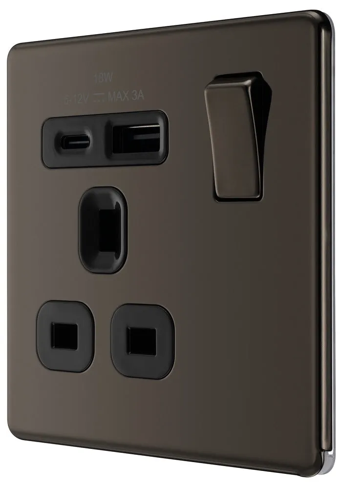 BG FBN21UAC18B Flatplate Screwless 13A Single Switched Power Socket   USB A C (18W) - Black Nickel   Black Insert