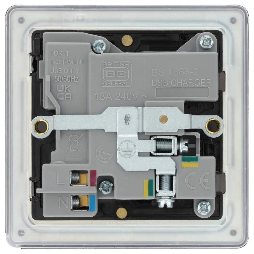 BG FBN21UAC18B Flatplate Screwless 13A Single Switched Power Socket   USB A C (18W) - Black Nickel   Black Insert