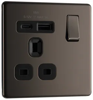 BG FBN21UAC18B Flatplate Screwless 13A Single Switched Power Socket   USB A C (18W) - Black Nickel   Black Insert