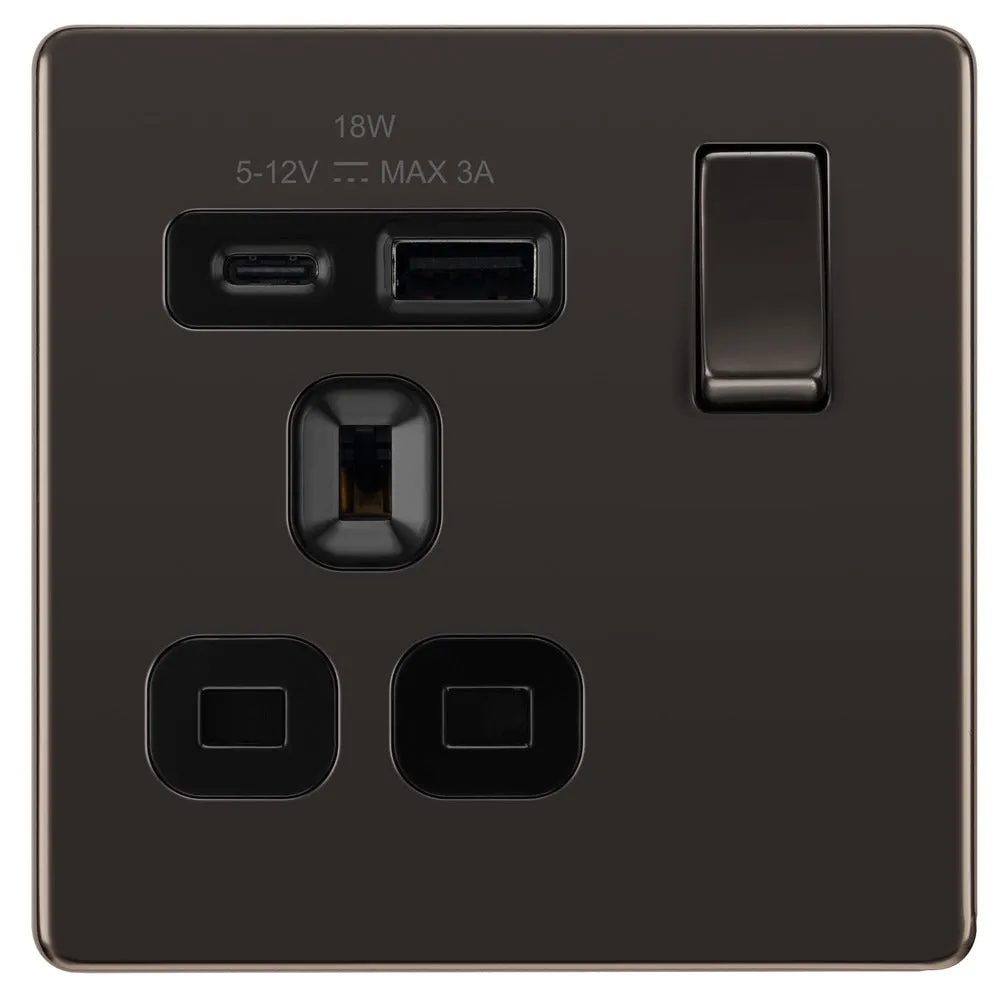 BG FBN21UAC18B Flatplate Screwless 13A Single Switched Power Socket   USB A C (18W) - Black Nickel   Black Insert