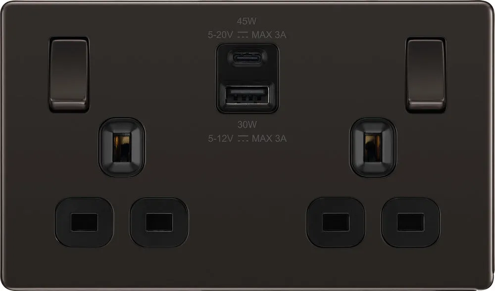BG FBN22UAC45B Flatplate Screwless 13A Double Switched Power Socket   USB A C (45W) - Black Nickel   Black Insert