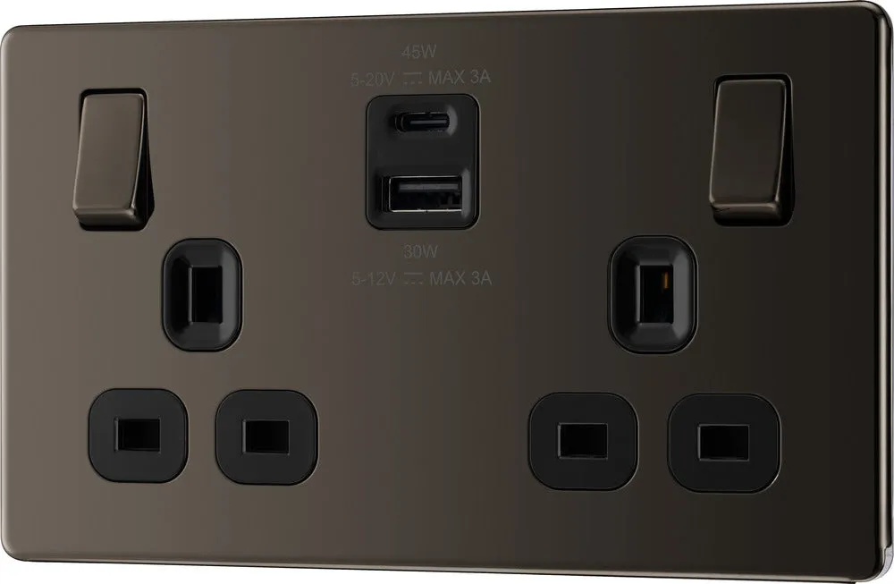 BG FBN22UAC45B Flatplate Screwless 13A Double Switched Power Socket   USB A C (45W) - Black Nickel   Black Insert
