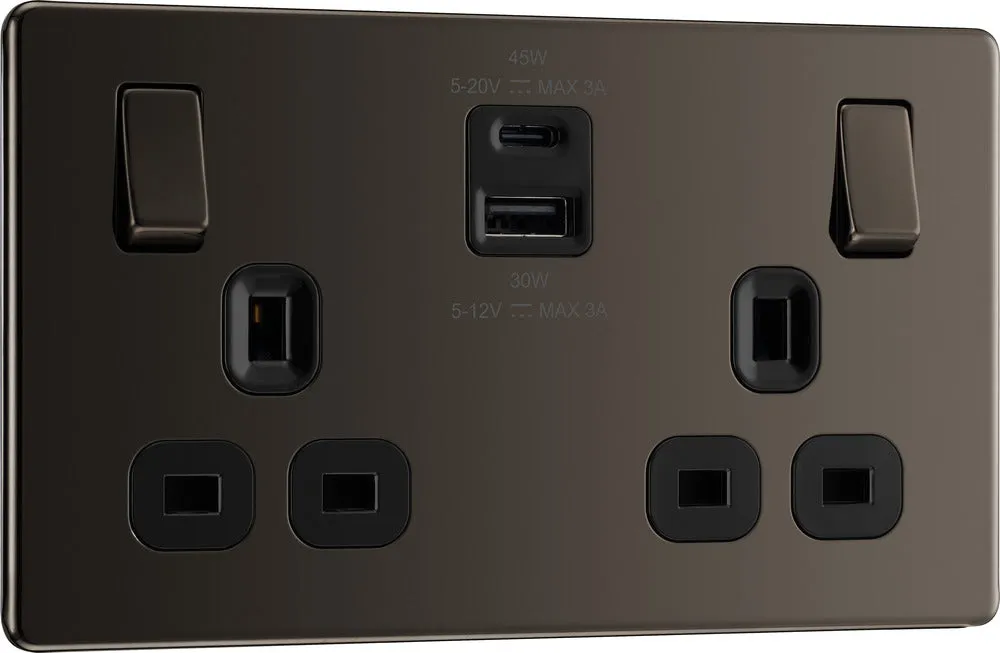BG FBN22UAC45B Flatplate Screwless 13A Double Switched Power Socket   USB A C (45W) - Black Nickel   Black Insert